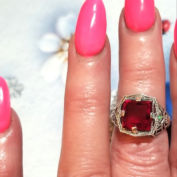 𝅺GORGEOUS! Deco Revival Filigree Ruby Aussie Opal Sterling Ring - Picture 7 of 7